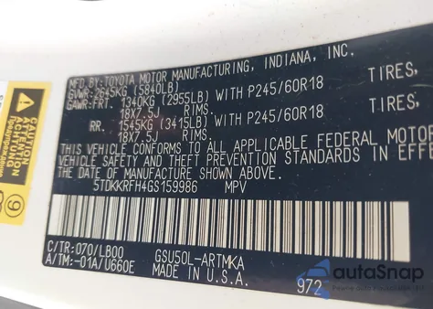 2016 Toyota Highlander Xle V6 z USA, uszkodzony, nr VIN 5TDKKRFH4GS159986